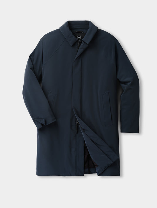 Flat lay of the Maxwell Insulated Trench in Total Eclipse from AETHER Apparel.