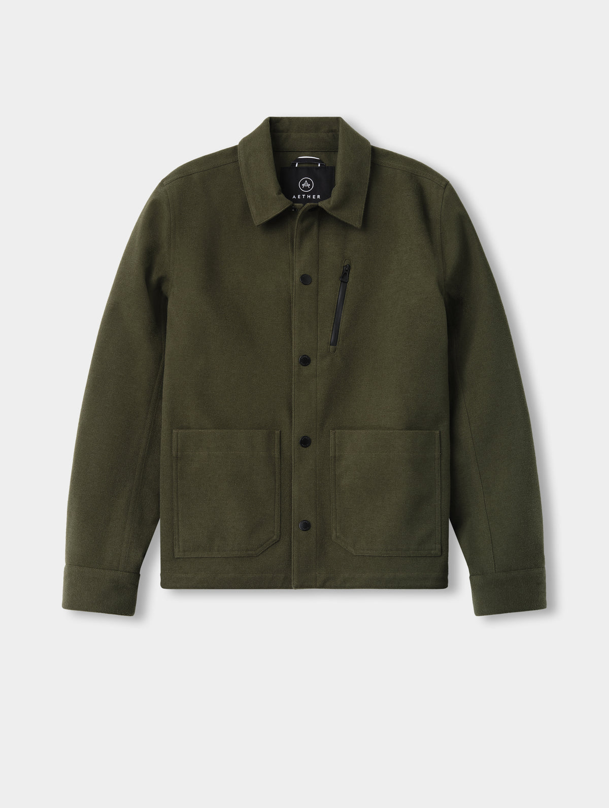 Flat lay view of the Milton Chore Jacket in Forest Green from AETHER Apparel. 
