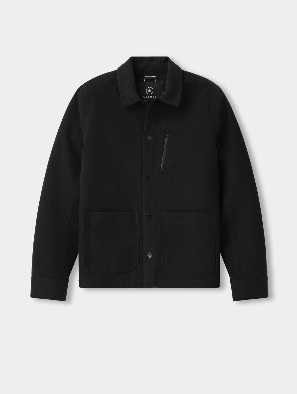 Flat lay view of the Milton Chore Jacket in Onyx Black from AETHER Apparel. 