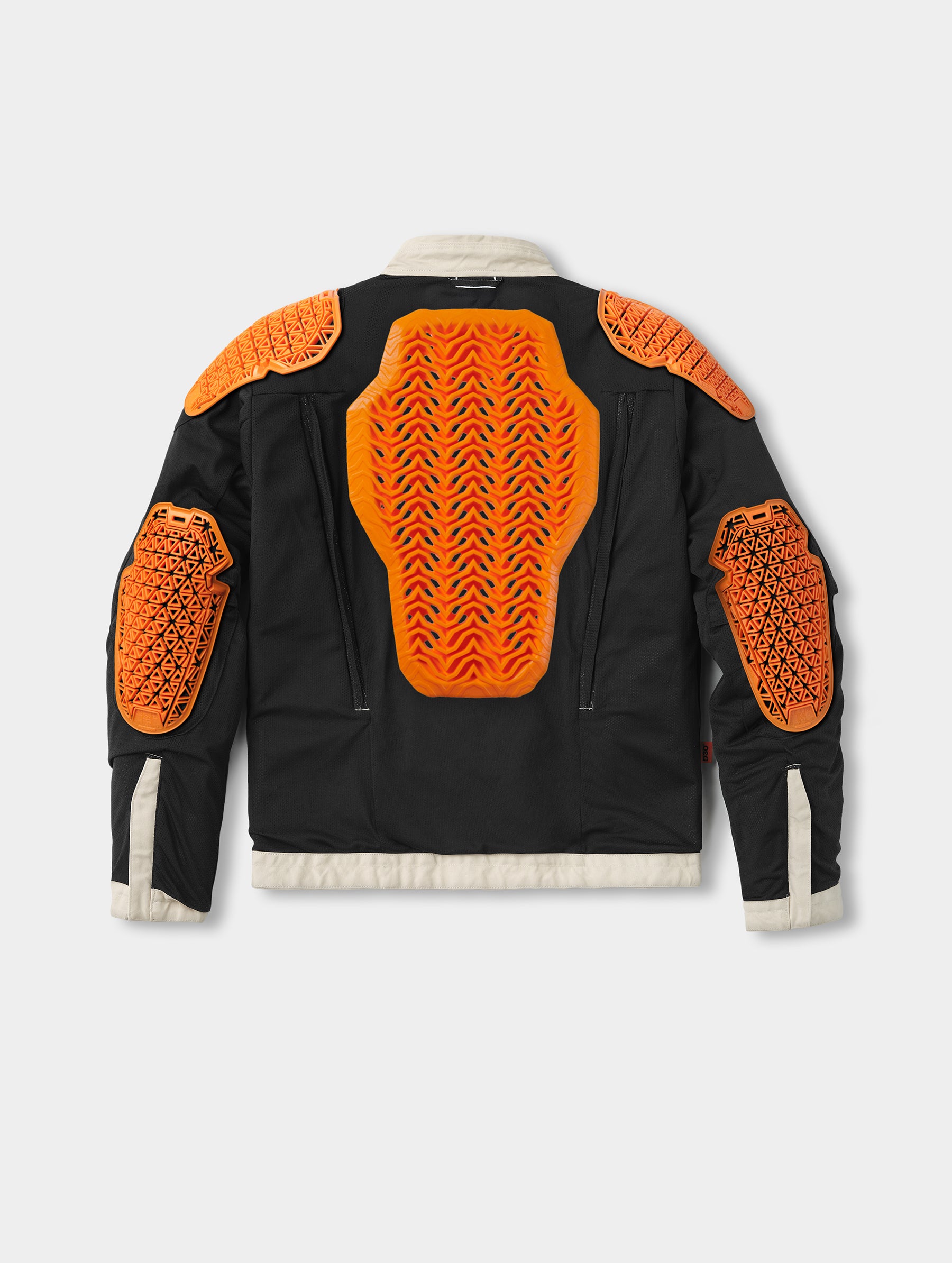 Flat lay view of the Mojave Motorcycle Jacket 2.0 in Bone from AETHER Apparel turned inside out to show the D3O® elbow, shoulder, and spine armor. 