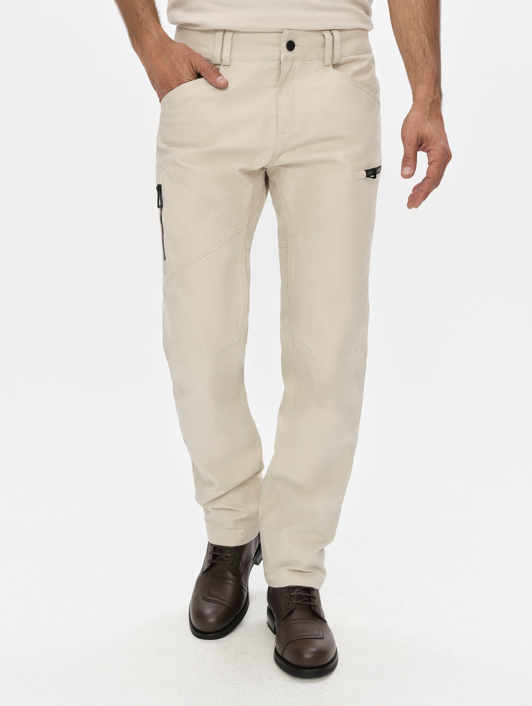 Front, lower-body view of man wearing the Mojave Motorcycle Pant 2.0 in Bone from AETHER Apparel.