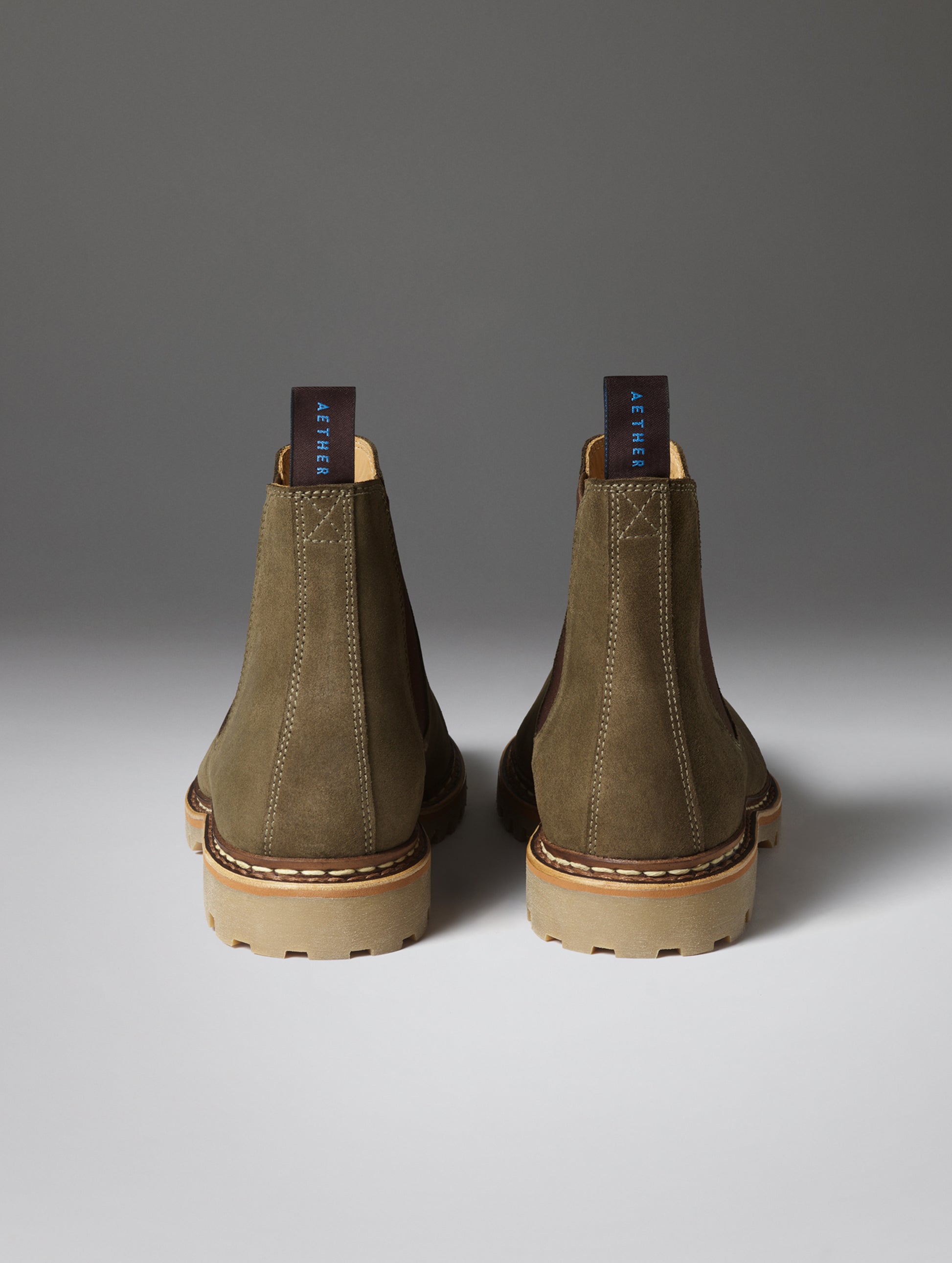 Rear view of the Monroe Chelsea Boot in Dark Olive from AETHER Apparel.