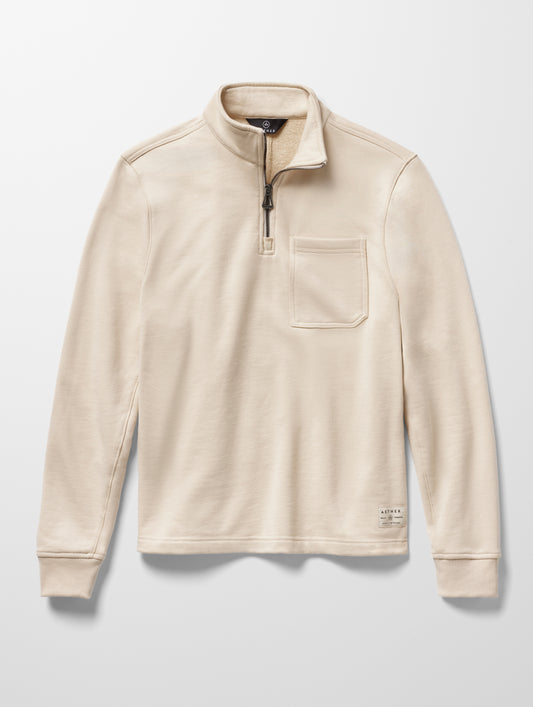 Flat lay image of men's Monte Half-Zip Sweatshirt in Bone white from AETHER Apparel.