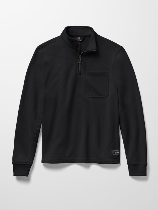 Flat lay image of men's Monte Half-Zip Sweatshirt in Onyx Black from AETHER Apparel.