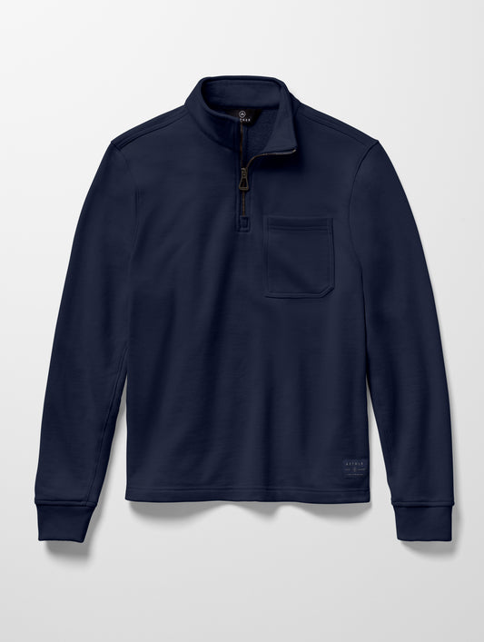 Flat lay image of men's Monte Half-Zip Sweatshirt in Total Eclipse dark blue from AETHER Apparel.