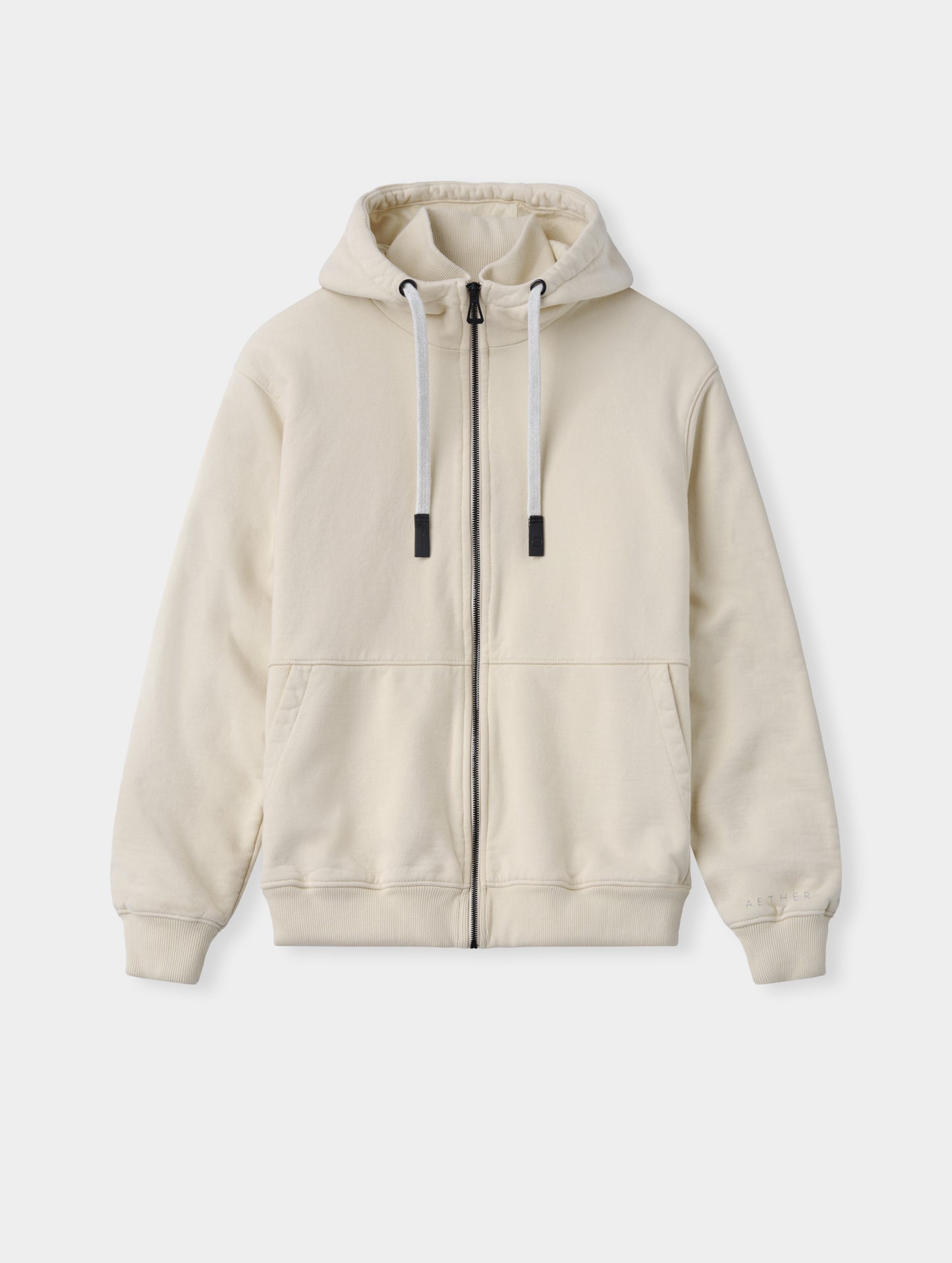 Flat lay view of the Monte Jersey Hoodie 2.0 in Bone from AETHER Apparel. 