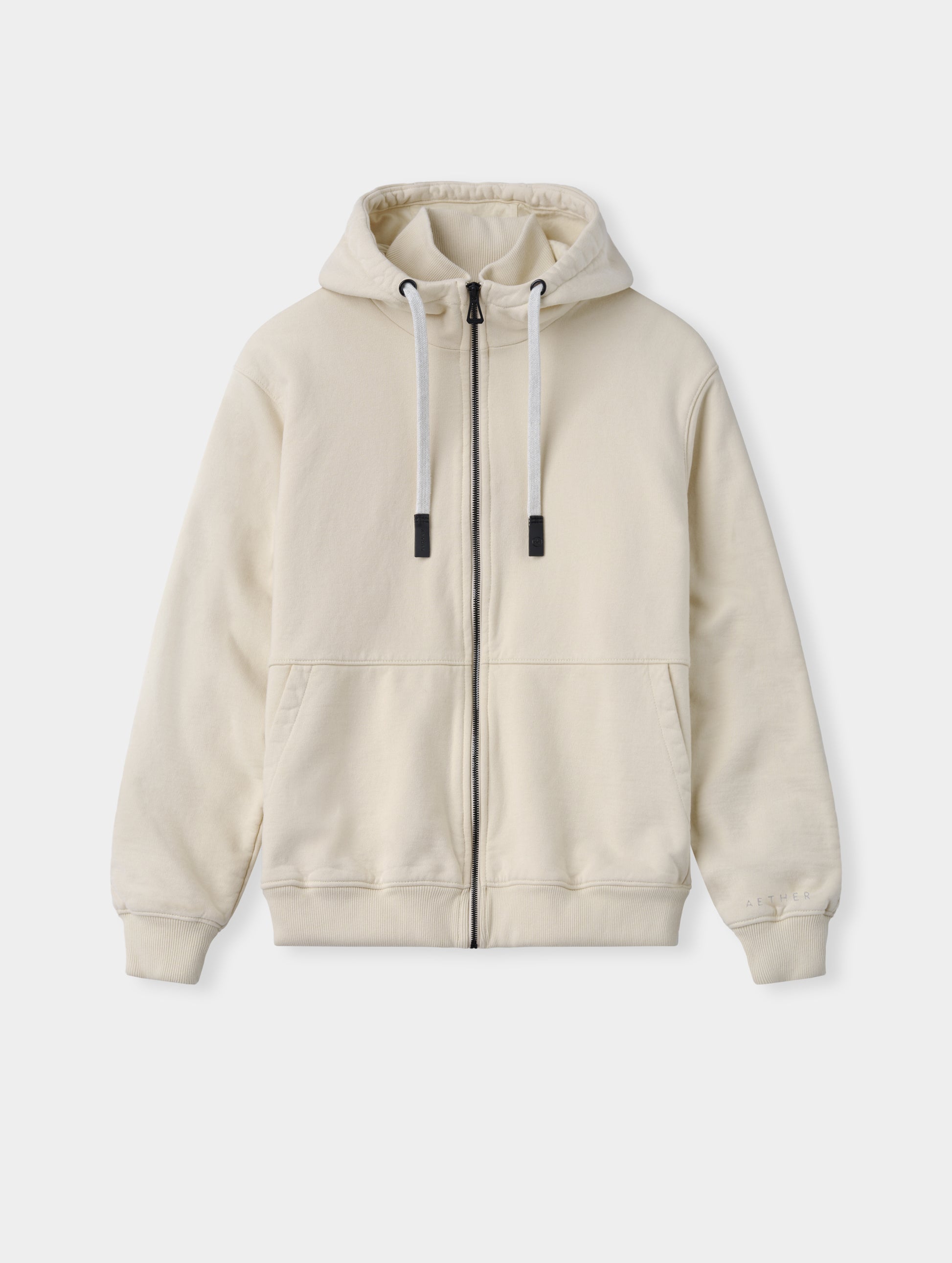Flat lay view of the Monte Jersey Hoodie 2.0 in Bone from AETHER Apparel. 