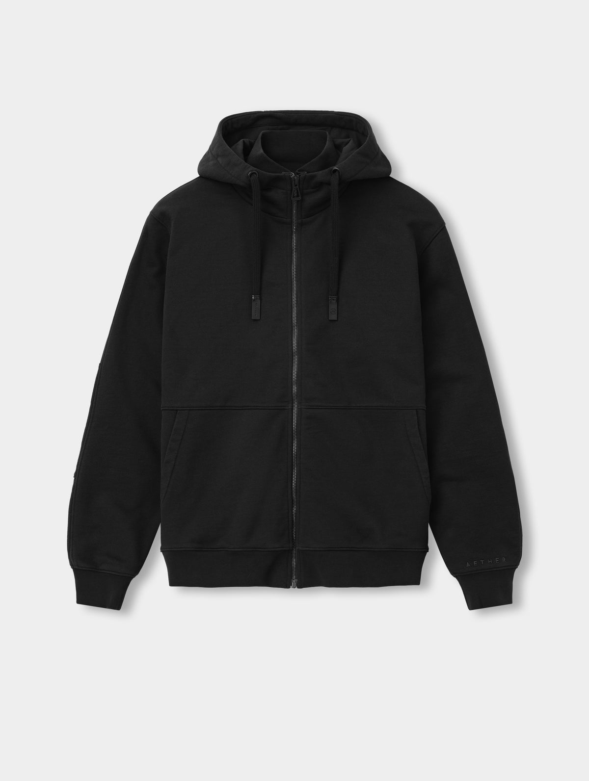 Flat lay view of the Monte Jersey Hoodie 2.0 in Onyx Black from AETHER Apparel.