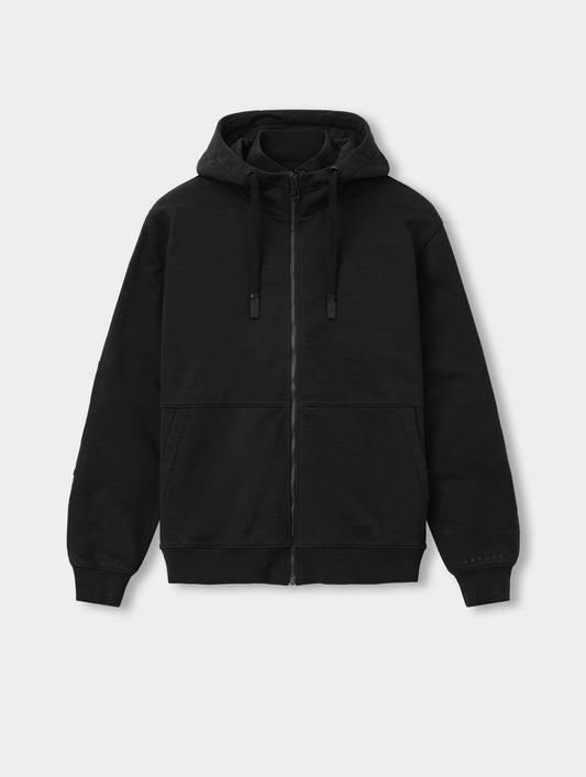 Flat lay view of the Monte Jersey Hoodie 2.0 in Onyx Black from AETHER Apparel.