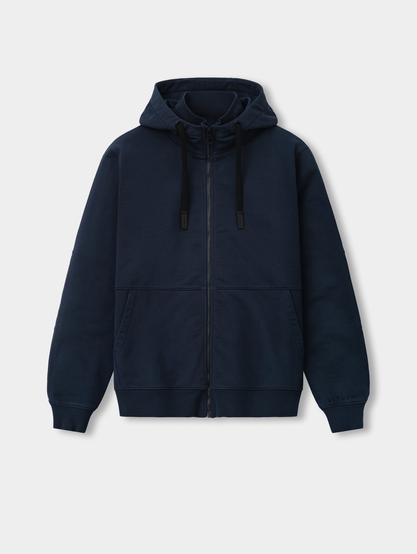 Flat lay view of the Monte Jersey Hoodie 2.0 in Total Eclipse from AETHER Apparel.