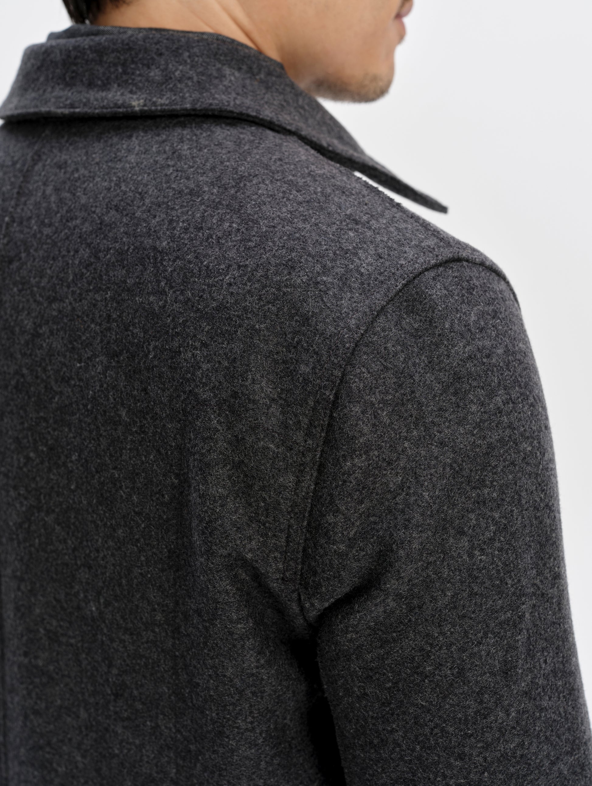 Closeup detailed view of the shoulder seams and collar on the Monza Wool Jacket 2.0 in Charcoal Grey from AETHER Apparel.
