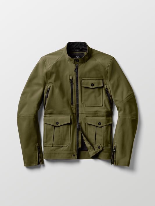 Flat lay of Mulholland Motorcycle Jacket in Command Green from AETHER Apparel.