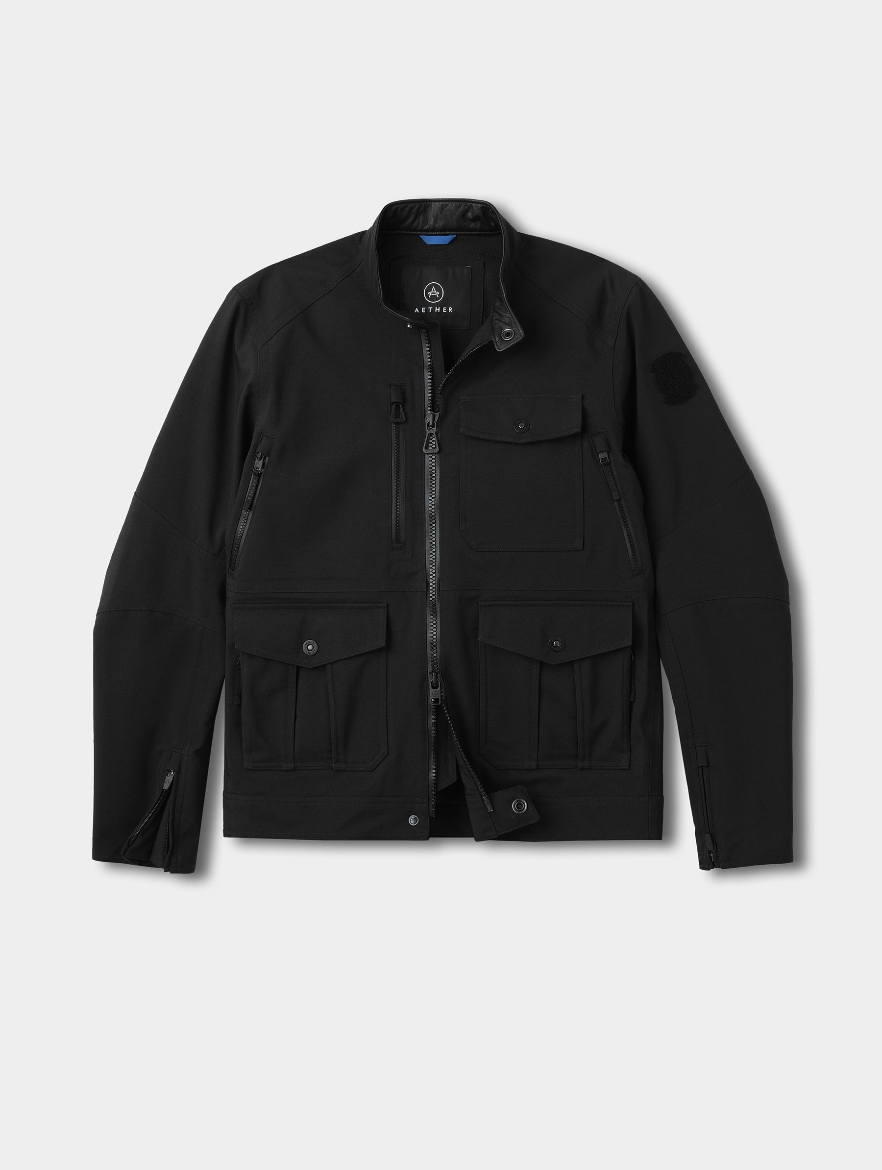 Flat lay view of the Mulholland Motorcycle Jacket Special Edition in Onyx Black from AETHER Apparel.