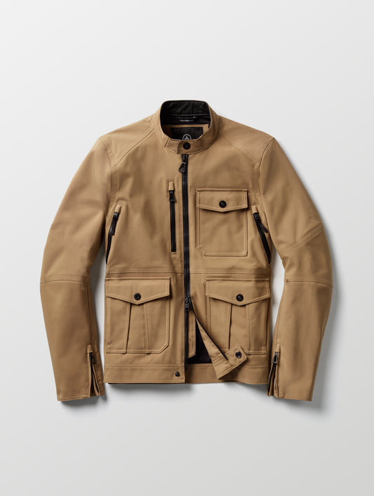 Flat lay of Mulholland Motorcycle Jacket in Reverse Brown from AETHER Apparel.