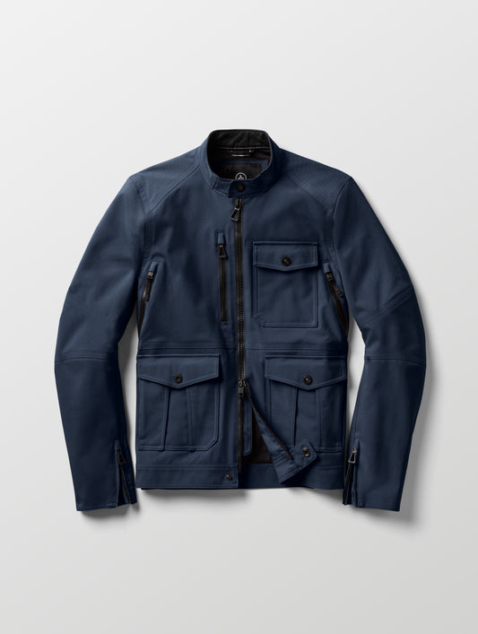 Flat lay of Mulholland Motorcycle Jacket in Total Eclipse dark blue from AETHER Apparel.