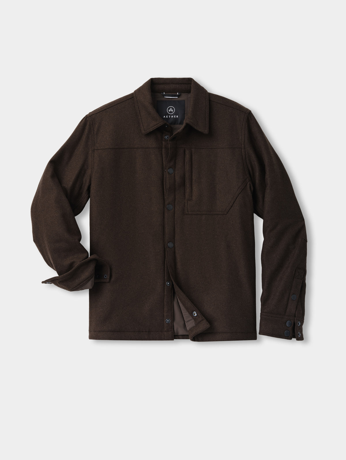 Flat lay of the Nova Insulated Button-Down in Ash Brown from AETHER Apparel.