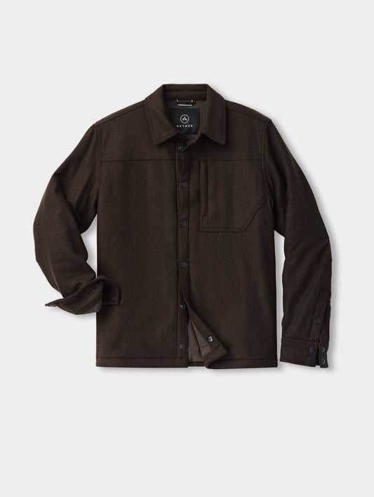 Flat lay of the Nova Insulated Button-Down in Ash Brown from AETHER Apparel.
