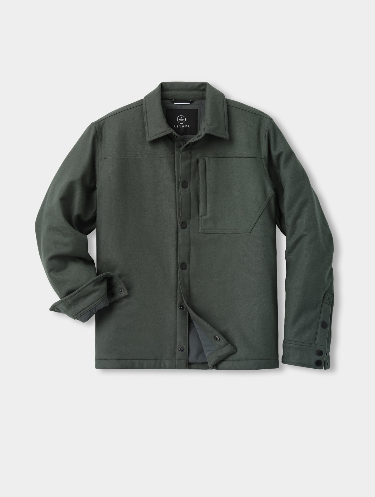 Flat lay of the Nova Insulated Button-Down in Saville Green from AETHER Apparel.