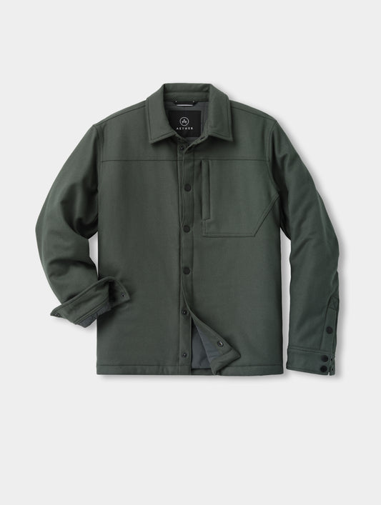 Flat lay of the Nova Insulated Button-Down in Saville Green from AETHER Apparel.