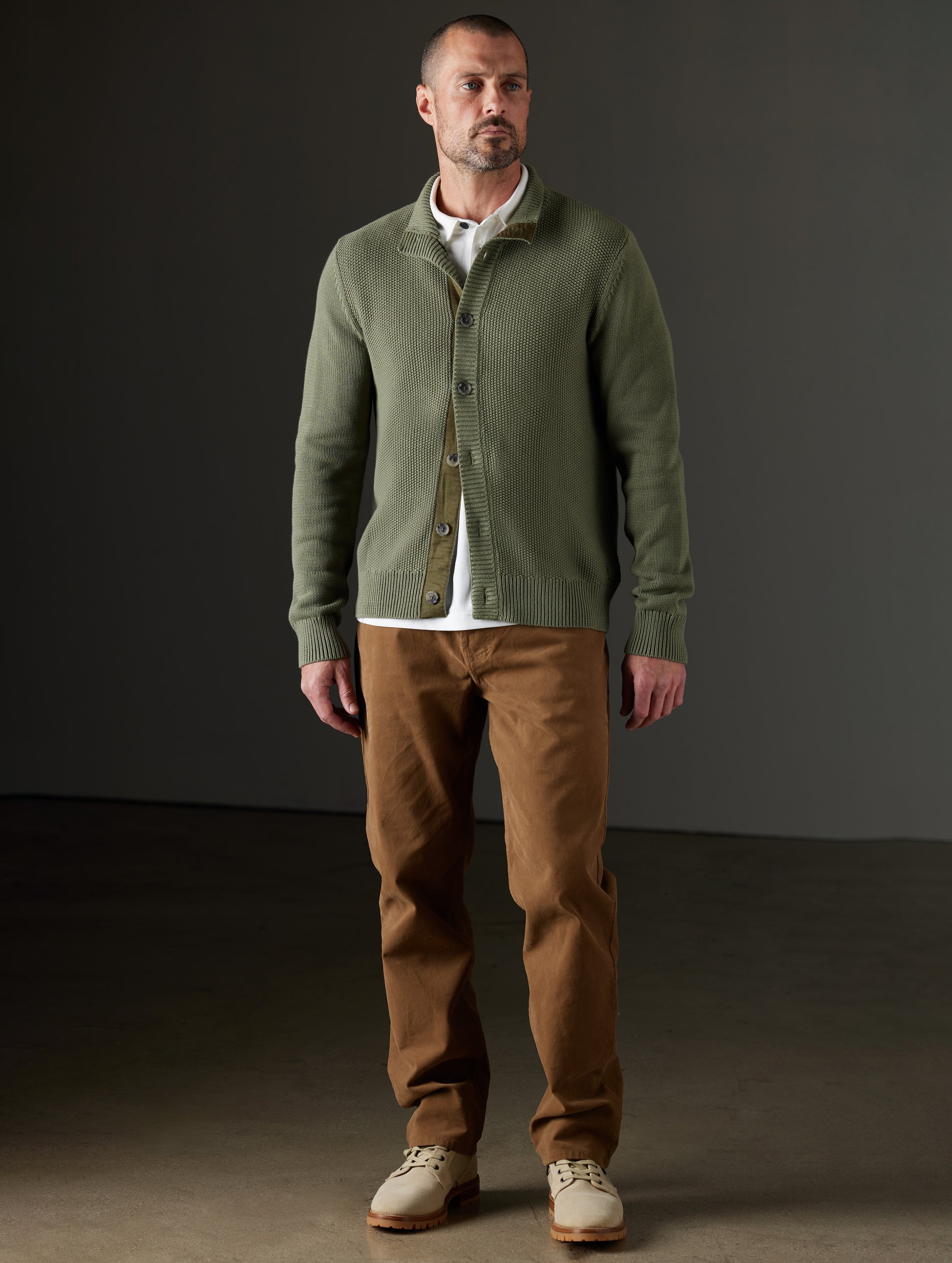 Man wearing green sweater from AETHER Apparel