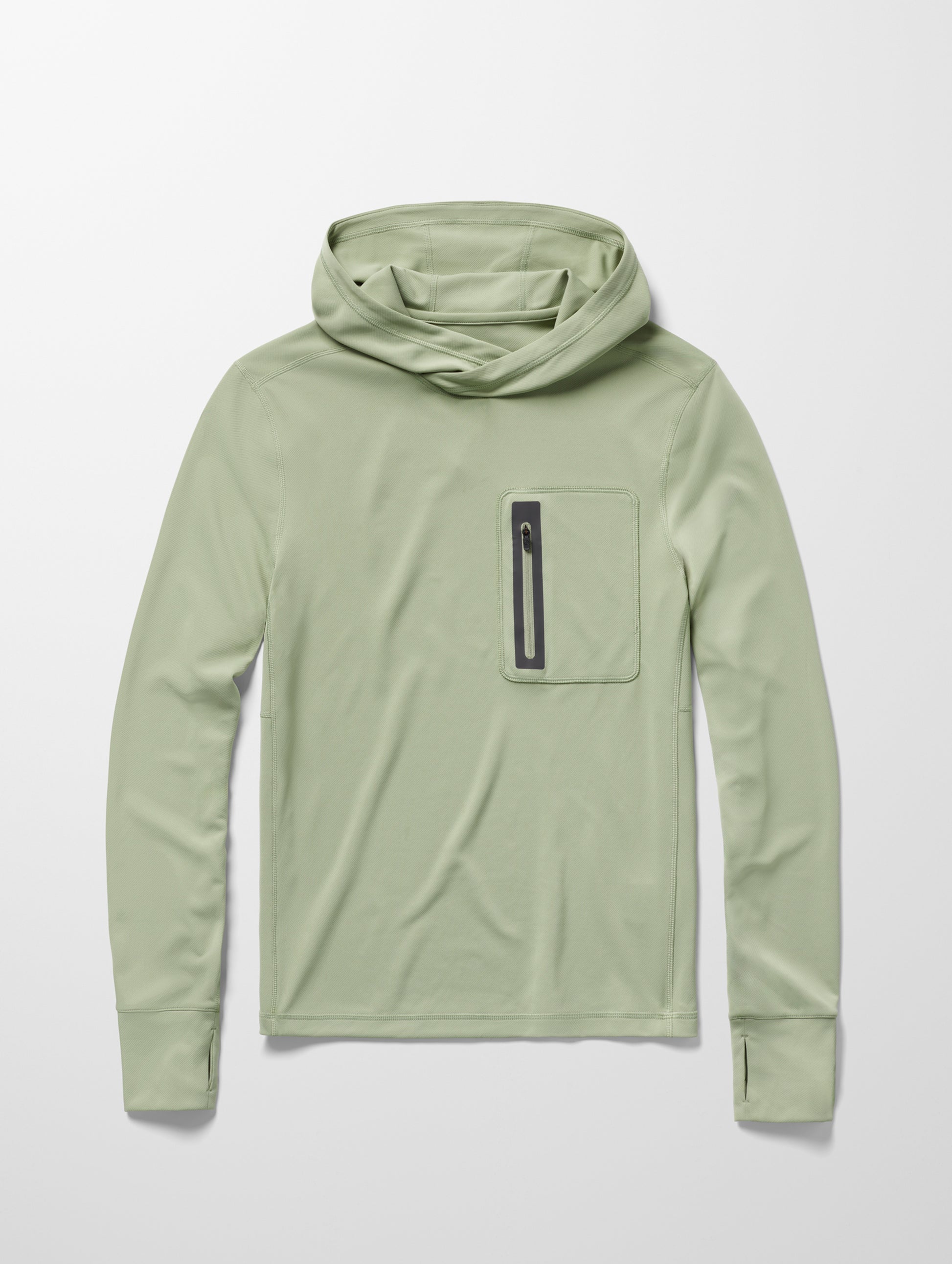 Flay lay image of men’s Pacific Hooded Sun Shirt in Aqua Blue from AETHER Apparel.