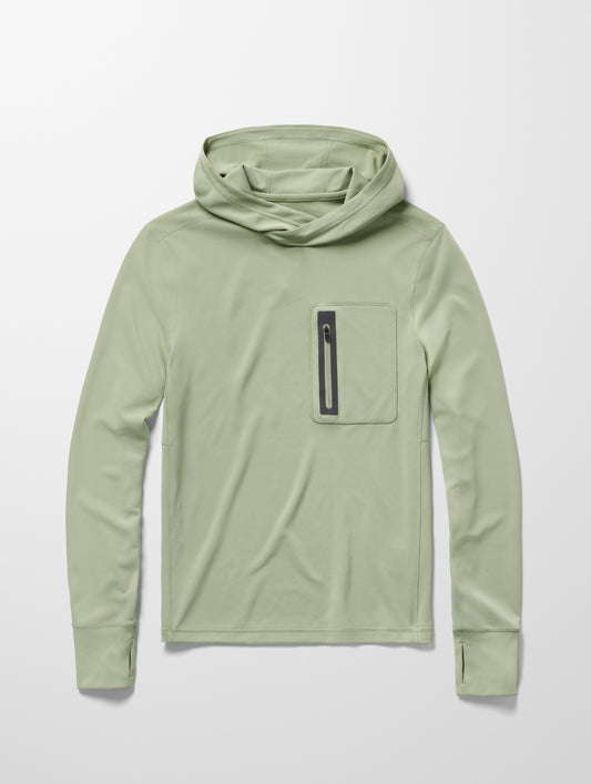 Flay lay image of men’s Pacific Hooded Sun Shirt in Aqua Blue from AETHER Apparel.