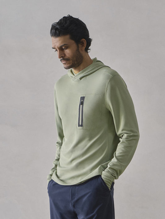 Front 3/4 upper-body view of man wearing Pacific Hooded Sun Shirt in Aqua Blue from AETHER Apparel.