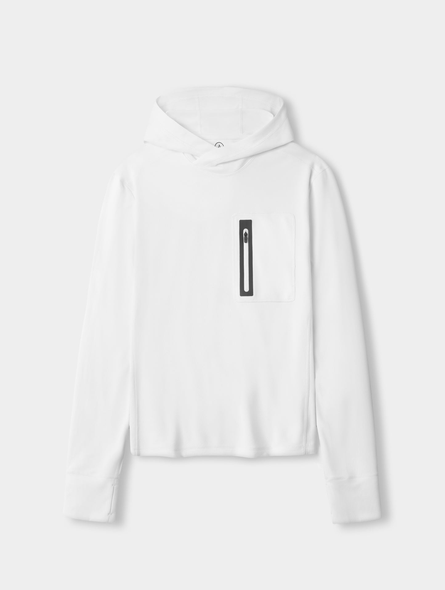 Flay lay image of men’s Pacific Hooded Sun Shirt in White from AETHER Apparel.