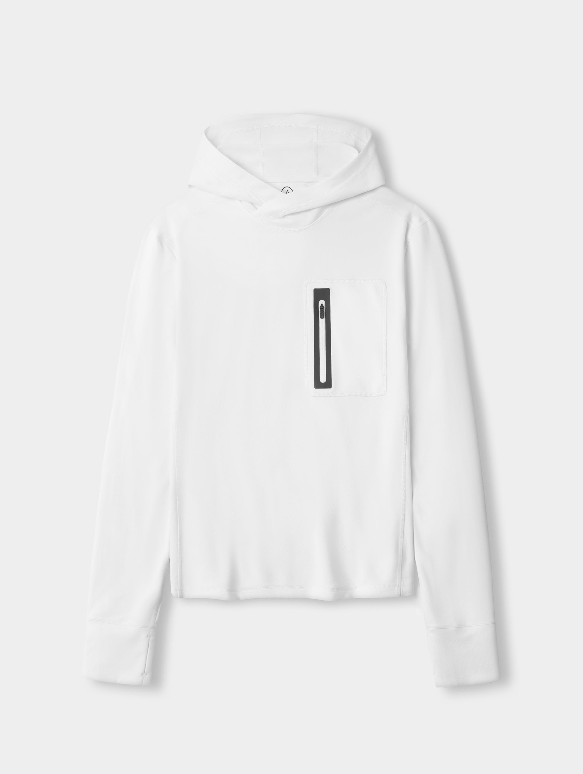 Flay lay image of men’s Pacific Hooded Sun Shirt in White from AETHER Apparel.