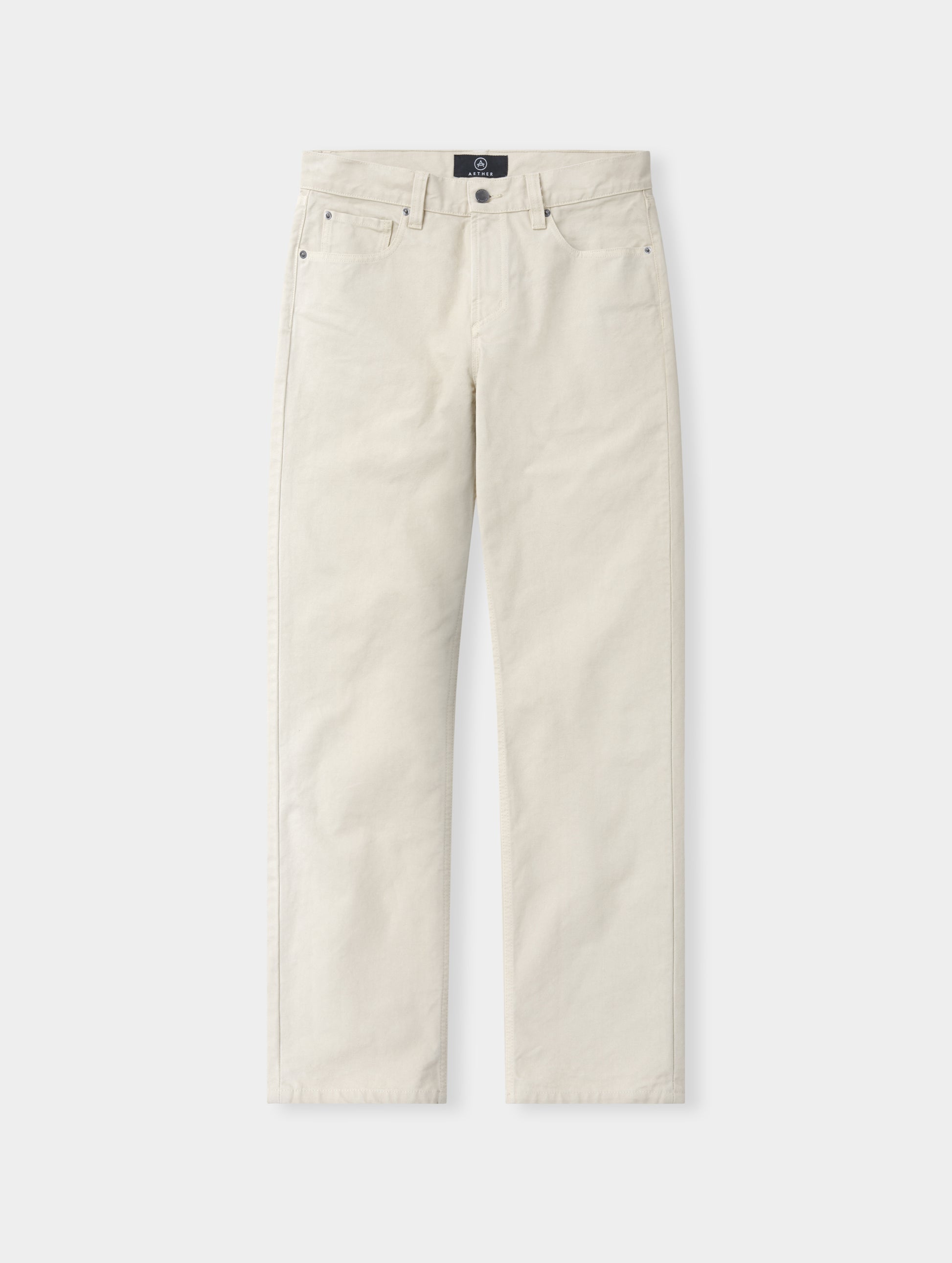 Flat lay of the Porter 5-Pocket Pant in Bone from AETHER Apparel.