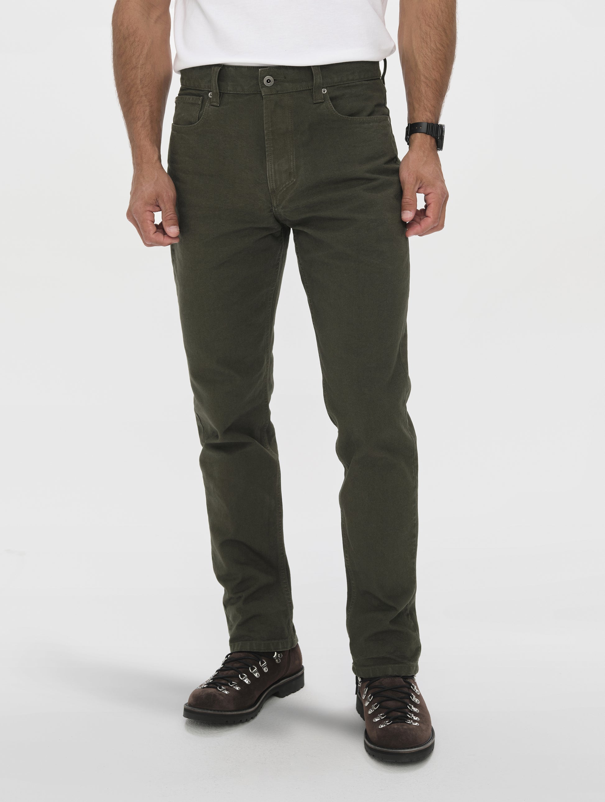 Front lower-body view of man wearing the Porter 5-Pocket Pant in Forest Green from AETHER Apparel.