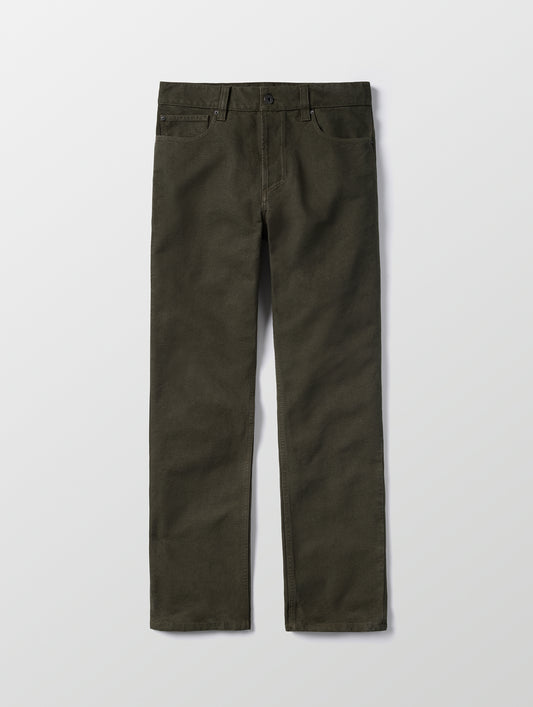 Flat lay of the Porter 5-Pocket Pant in Forest Green from AETHER Apparel.