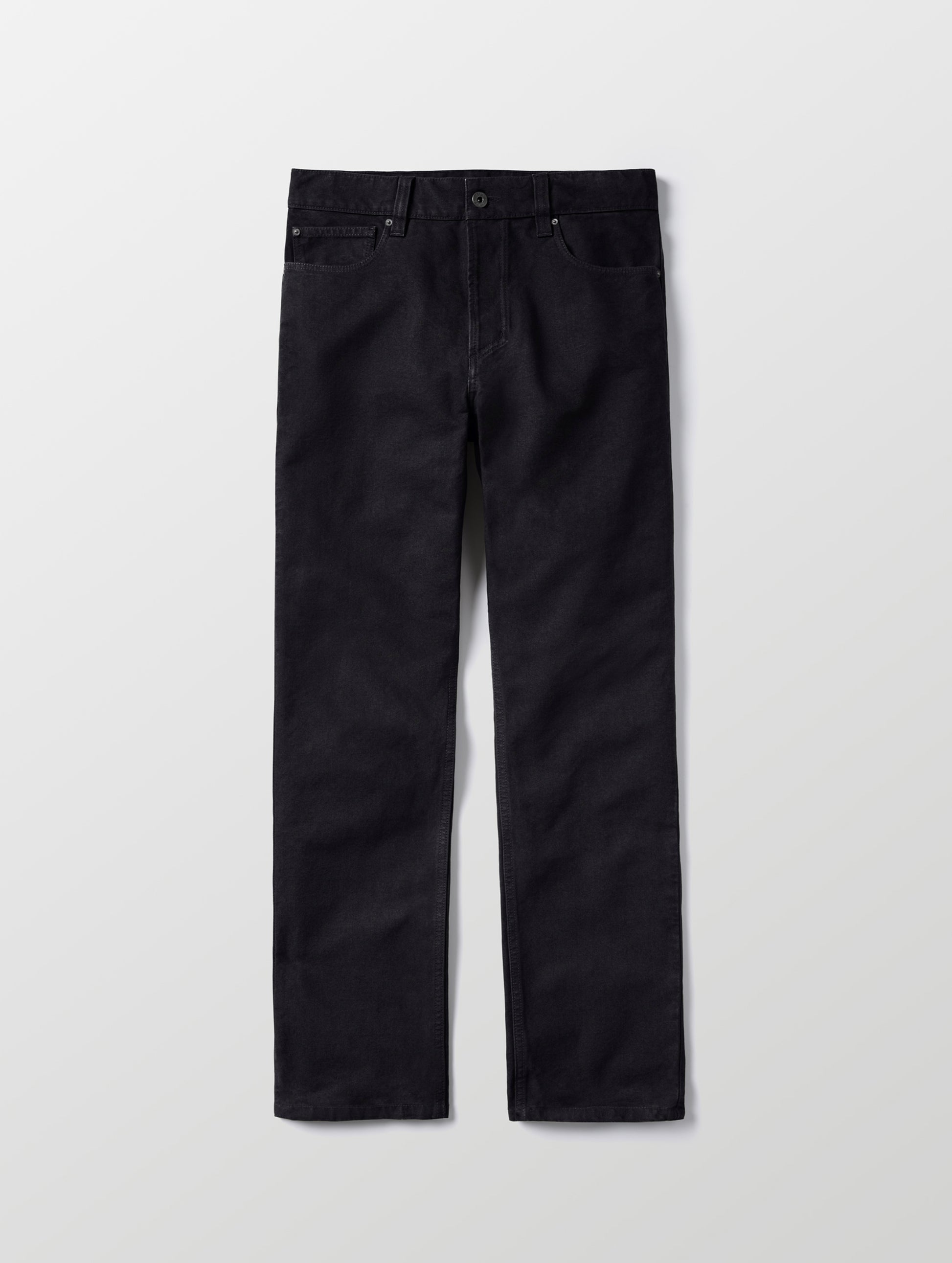 Flat lay of the Porter 5-Pocket Pant in Onyx Black from AETHER Apparel.
