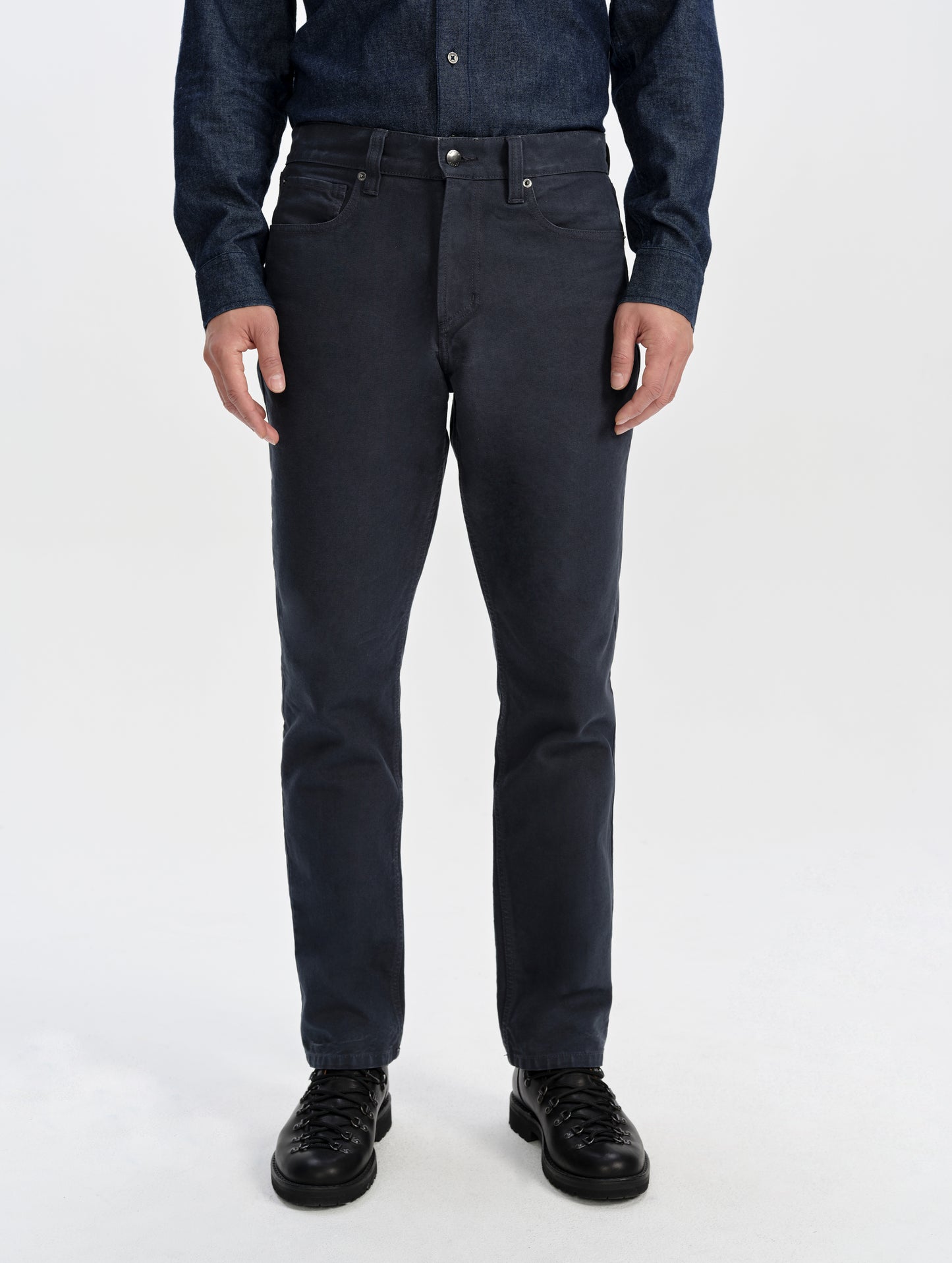 Front lower-body view of man wearing the Porter 5-Pocket Pant in Graphite from AETHER Apparel.