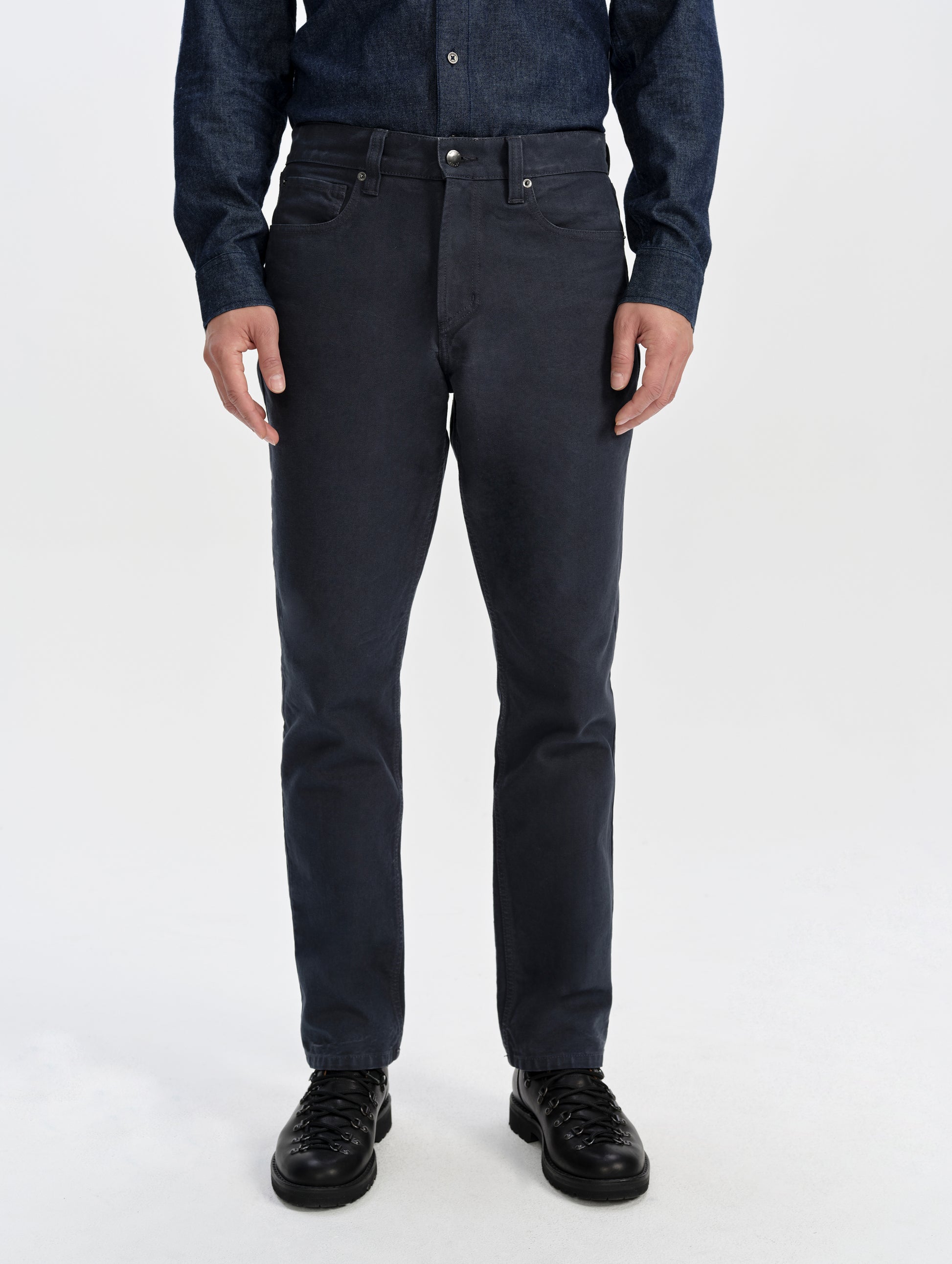 Front lower-body view of man wearing the Porter 5-Pocket Pant in Graphite from AETHER Apparel.