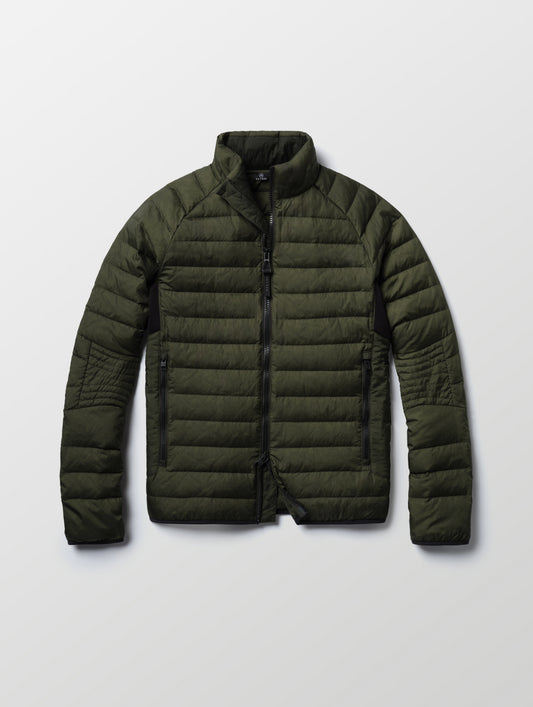 Flat lay of Prospect Packable Down Jacket in Forest Green from AETHER Apparel.