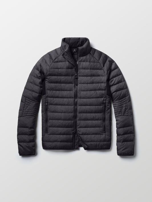 Flat lay of Prospect Packable Down Jacket in Onyx Black from AETHER Apparel.