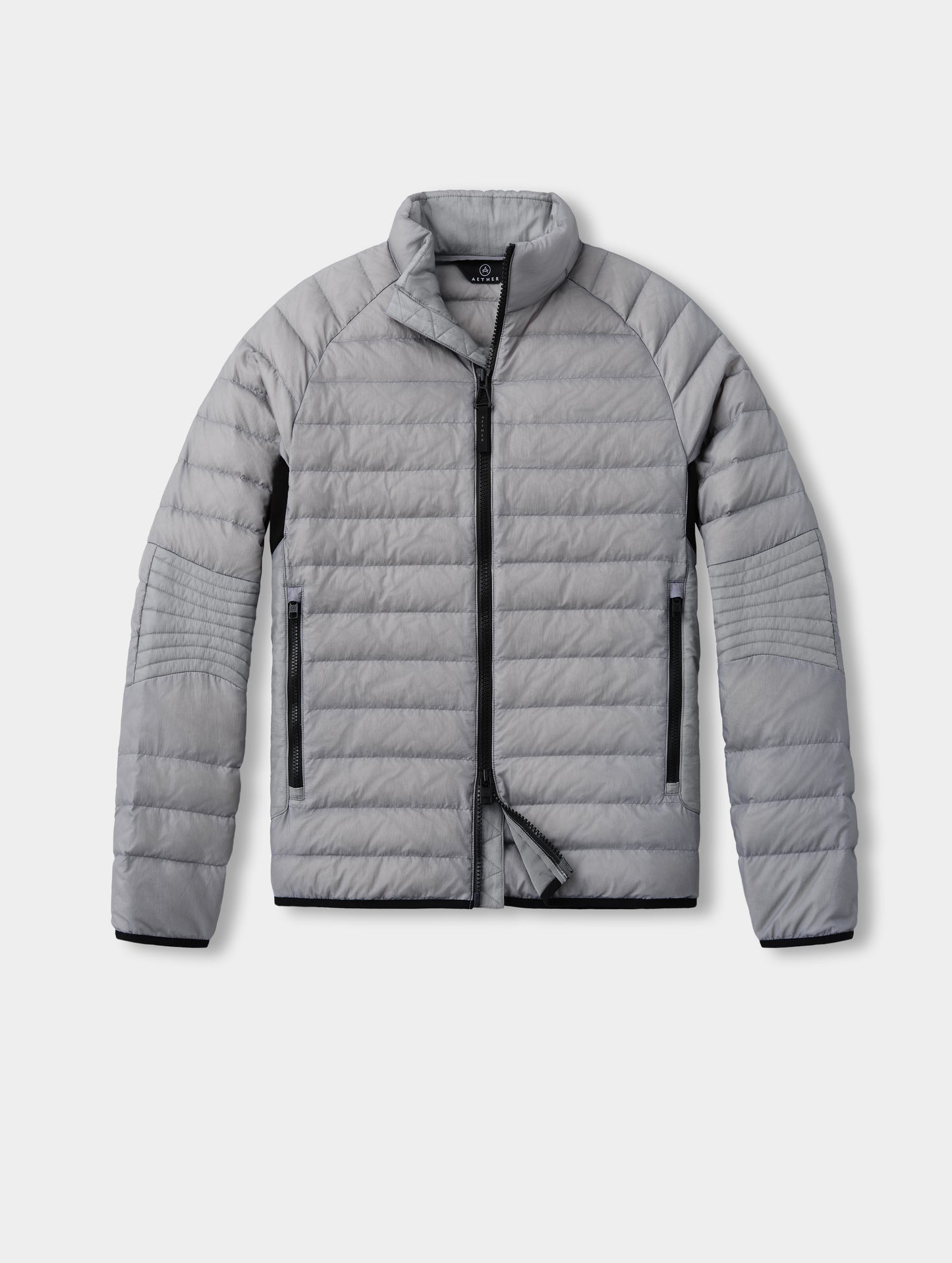 Flat lay of Prospect Packable Down Jacket in Sky Grey from AETHER Apparel.
