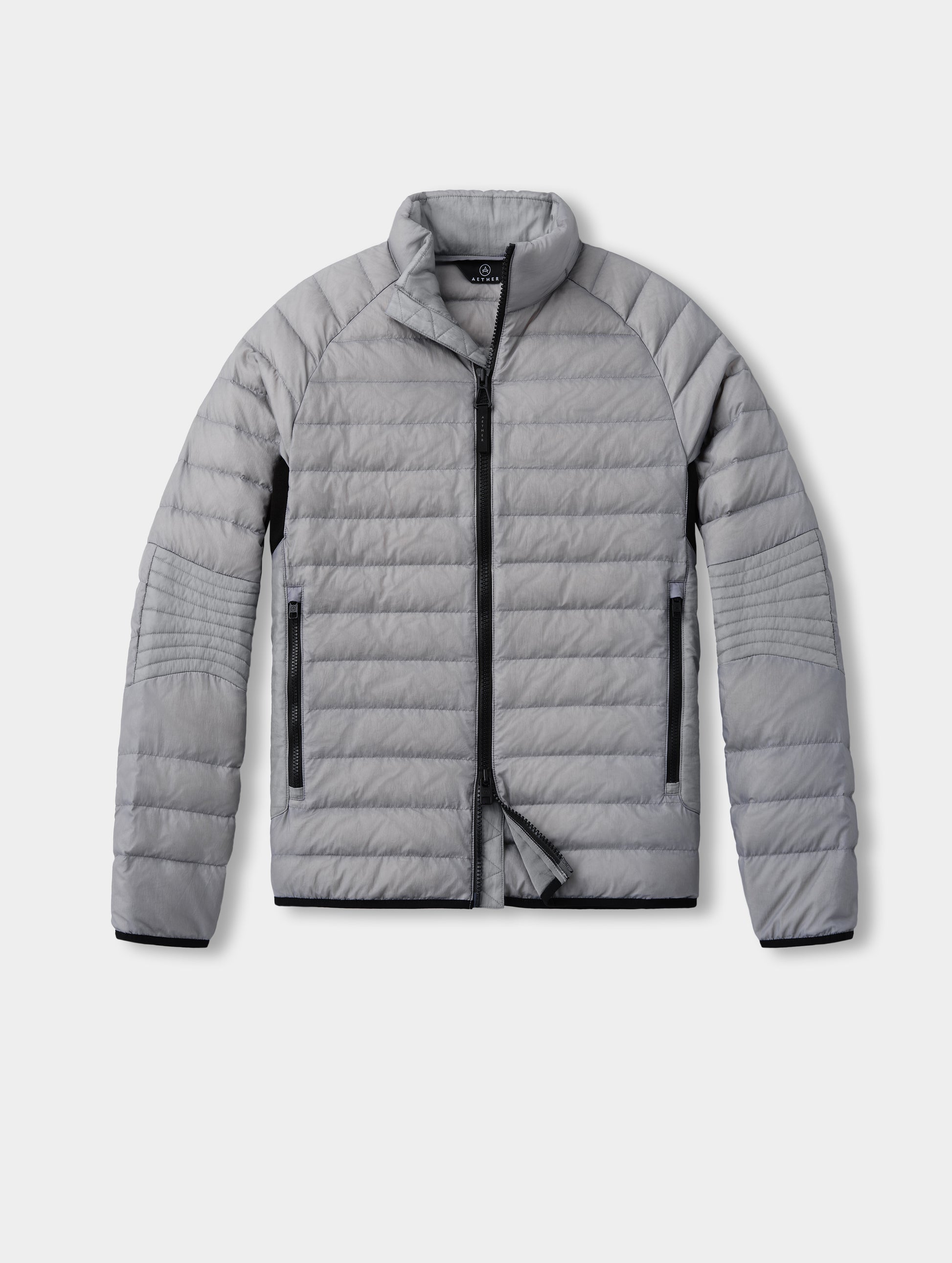 Flat lay of Prospect Packable Down Jacket in Sky Grey from AETHER Apparel.