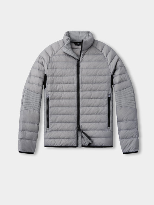 Flat lay of Prospect Packable Down Jacket in Sky Grey from AETHER Apparel.