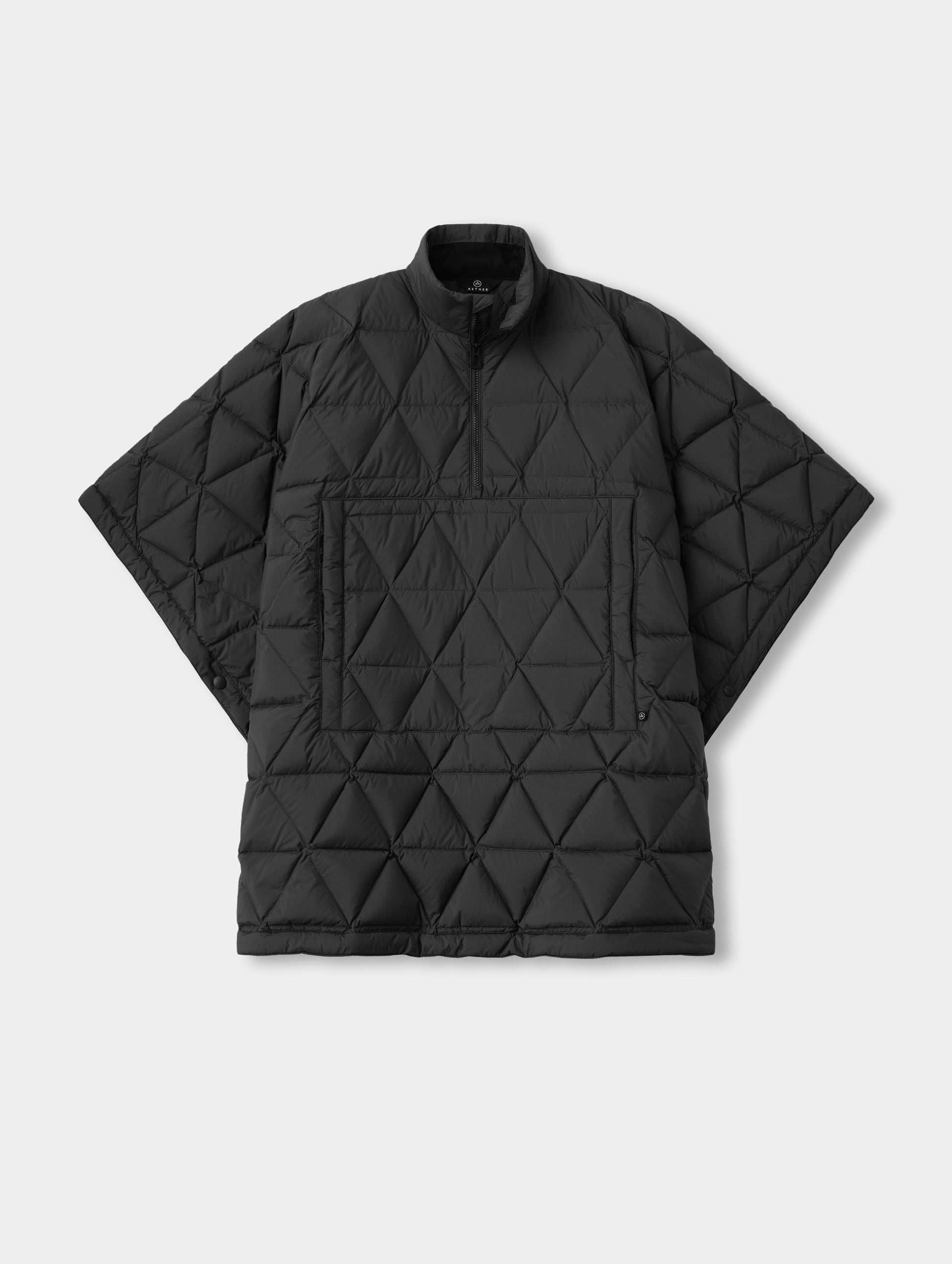 Flat lay view of the Reeves Down Poncho in Onyx Black from AETHER Apparel. 