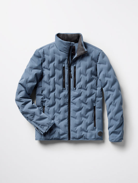 Flat lay of Rex Down Jacket in Portal Blue  from AETHER Apparel.