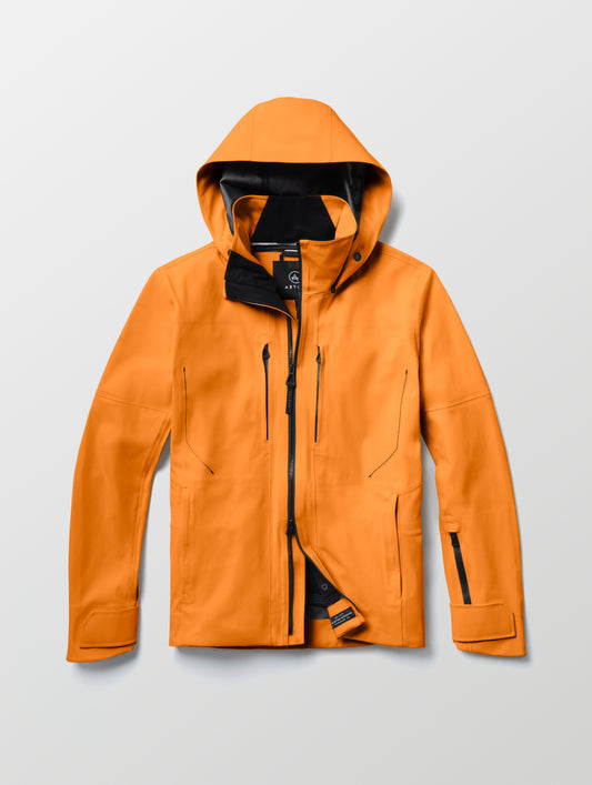 Flat lay of the Ridge Snow-Shell Jacket in Autumn Orange from AETHER Apparel.