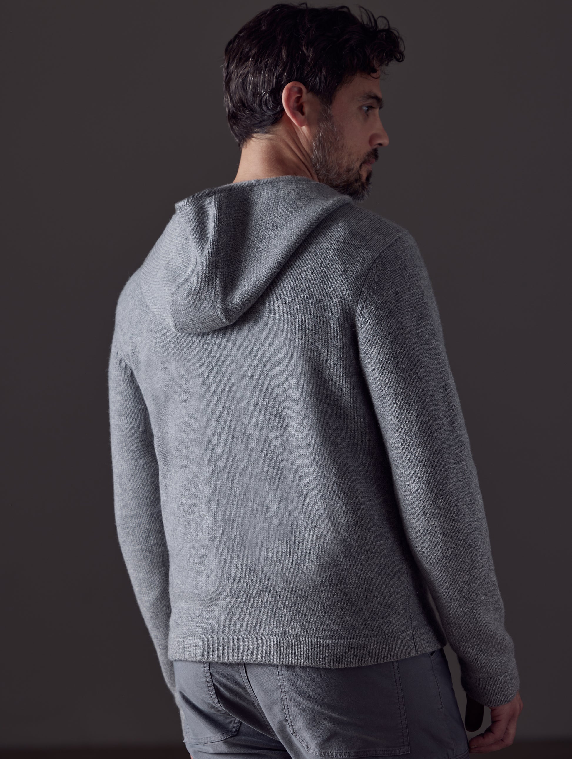 Man wearing grey Sawyer Cashmere Full-Zip from AETHER Apparel