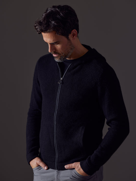 Man wearing black Sawyer Cashmere Full-Zip from AETHER Apparel