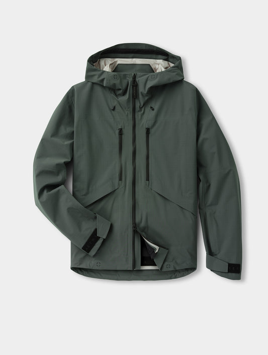 Flat lay of the men’s Silance Snow-Shell Jacket in Saville Green from AETHER Apparel, with hood, zippered chest pockets and adjustable cuffs.