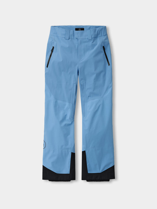 Flat lay of the men’s Silance Snow-Shell Pant in Atlas Blue from AETHER Apparel, with zippered thigh pockets and black reinforced cuffs.