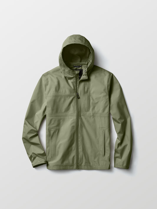 Flat lay view of Storm All-Weather Jacket in Fern Green from AETHER Apparel.