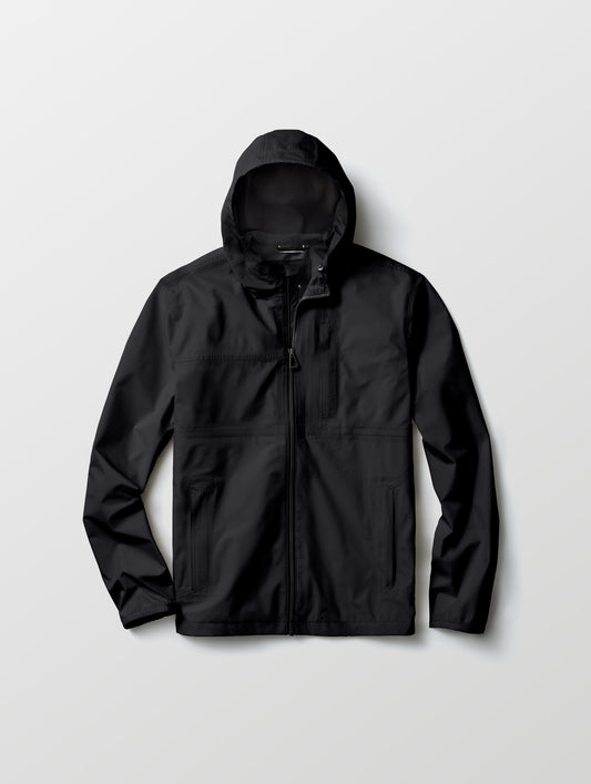 Flat lay view of Storm All-Weather Jacket in Onyx Black from AETHER Apparel.