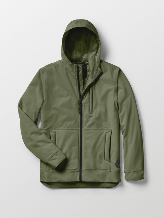 Flat lay of Stornaway Insulated Hoodie in Fern Green from AETHER Apparel.